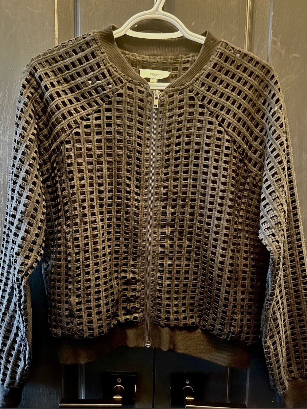 SUNCOO Paris Dothy Laser Cut Grid Mesh Bomber Jacket Black T1 - Small